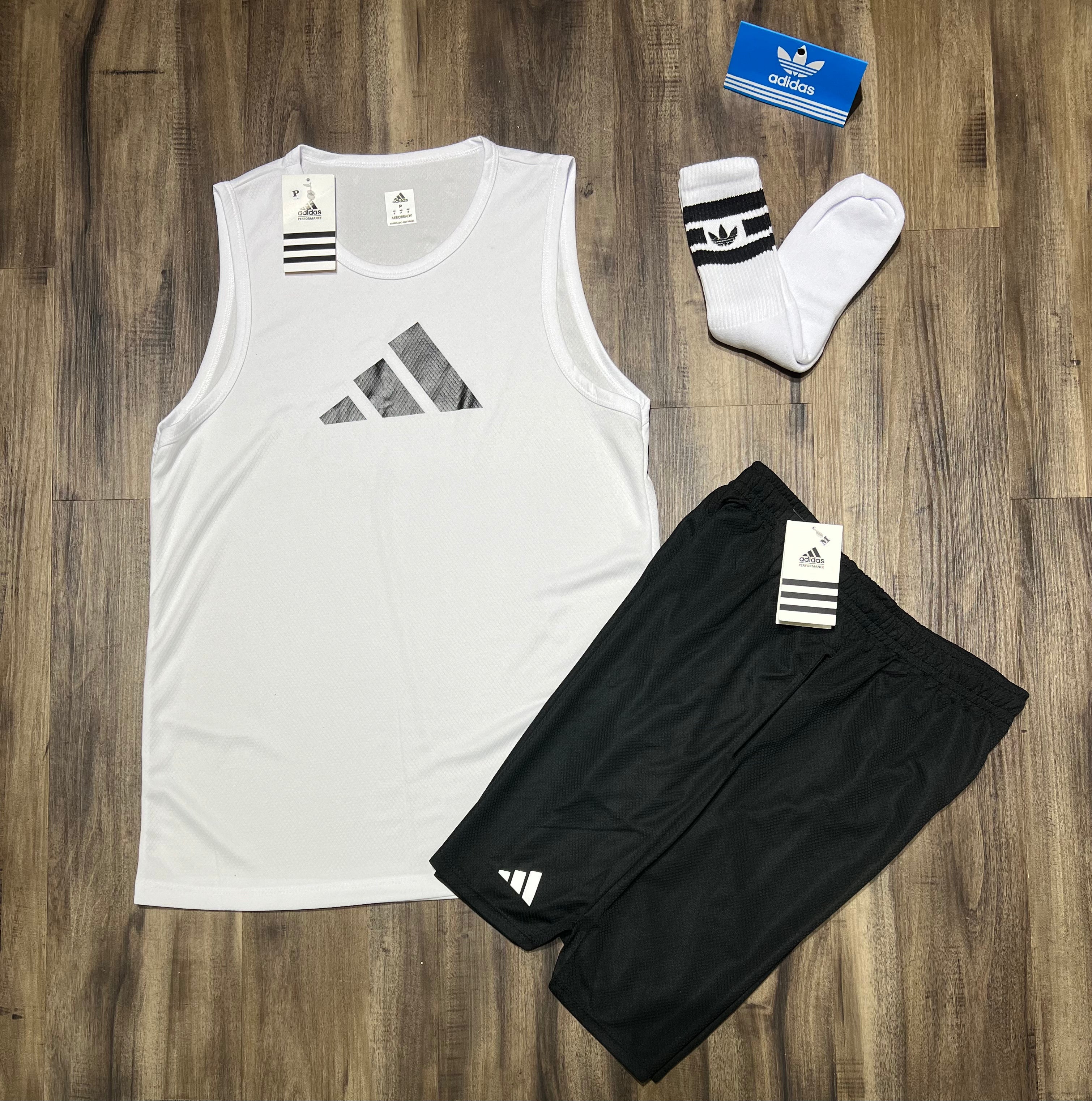 Kit Esportivo Masculino Adidas – Regata, Shorts e Meia Dry Fit Academia