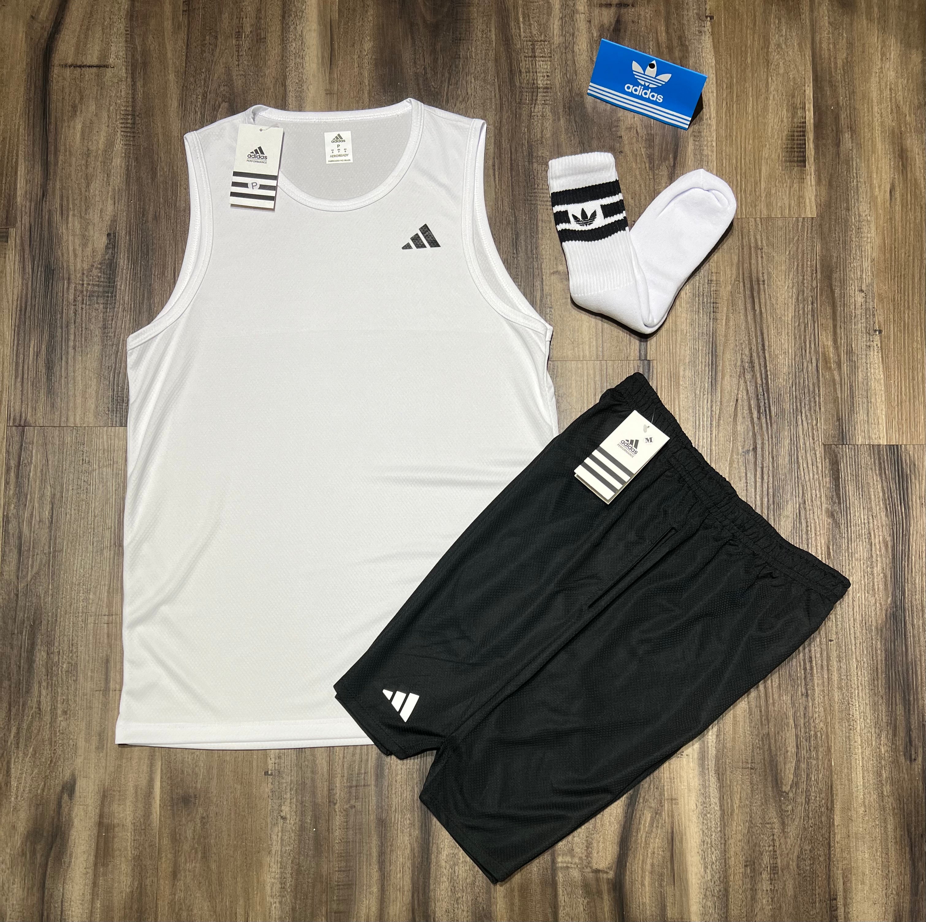 Kit Esportivo Masculino Adidas – Regata, Shorts e Meia Dry Fit Academia
